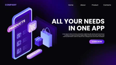 All Needs in one App. Online Shopping Website. Landing Page Template. Stock Illustration