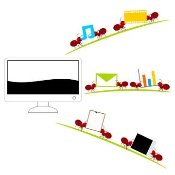 All in one computer and red ants illustration Stock Illustration