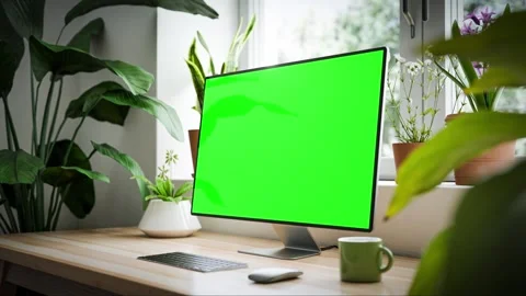 All-in-one computer with a blank green screen, placed on a wooden desk in a.. 스톡 동영상 296757727