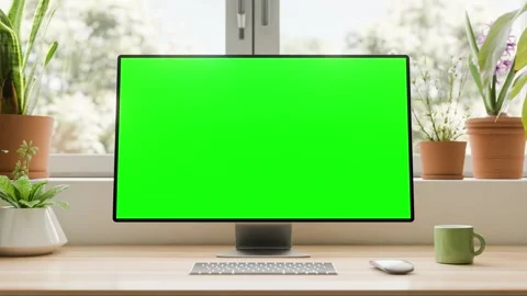 All-in-one computer with a blank green screen, placed on a wooden desk in a.. Stock Footage 297103211