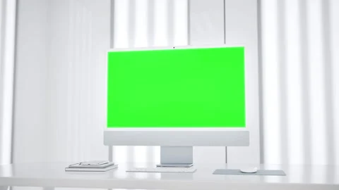 All in One Computer with Green Screen Mockup in Modern Laboratory Workspace Stock Footage 345738154