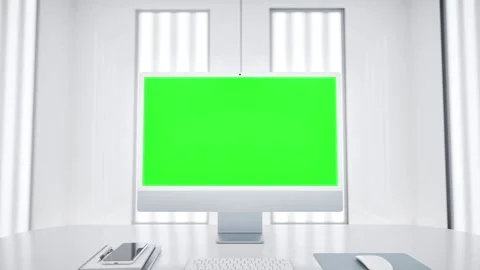 All in One Computer with Green Screen Mockup in Modern Laboratory Workspace Stock Footage 345738166