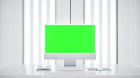 All in One Computer with Green Screen Mockup in Modern Laboratory Workspace Stock Footage 345738188
