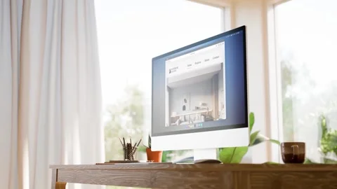 All in One Computer Screen Mockup - Scandinavian Interior with Garden 스톡 After Effects