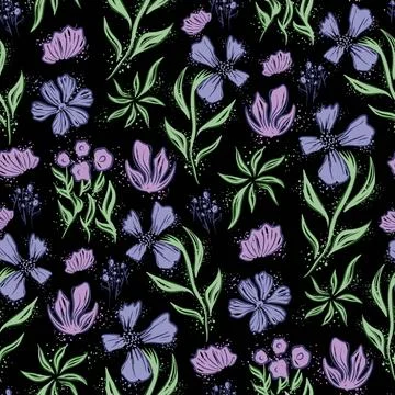 All Over Floral Pattern. Seamless Lilac and Pink Flowers with Green Leaves Print Stock Illustration