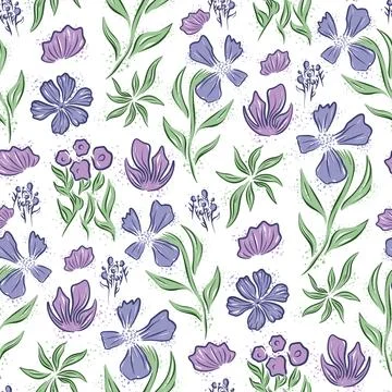 All Over Floral Pattern. Seamless Lilac and Pink Flowers with Green Leaves Print Stock Illustration