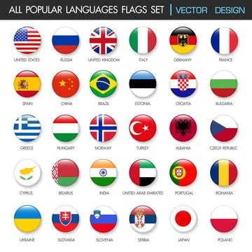 All Popular Languages flags Collection in botton stlye,vector design element  Stock Illustration