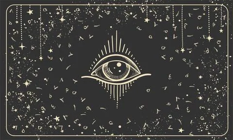 All-seeing eye on a black background with Arabic numerals, vintage pattern fo Stock Illustration