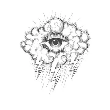 All Seeing Eye In a Cloud with lightnings Engraving Tattoo Stock Illustration