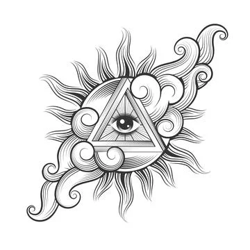 All seeing Eye Inside the Sun in a Skies Tattoo Stock Illustration