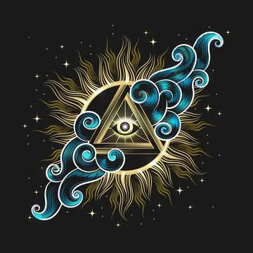 All seeing Eye Inside the Sun in a Skies Tattoo Stock Illustration