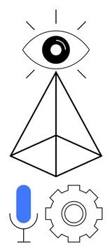 All-seeing eye over geometric pyramid, microphone, and gear symbolizing aware Ilustração Stock