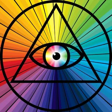 All-Seeing Occult  Eye, Third eye, Eye of providence over a colorful chakra s Stock Illustration