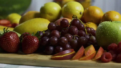 All sorts of delicious fruit on counter - closeup, tracking shot Stock Footage 341201541