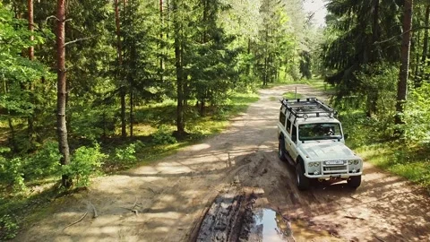 All terrain white SUV on the forest road Video stock 145613477