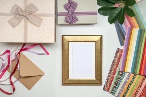 All things for wrapping frame as gift. Present box with bow. Ribbon and color Stock Photos