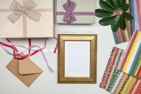 All things for wrapping frame as gift. Present box with bow. Ribbon and color Stock Photos
