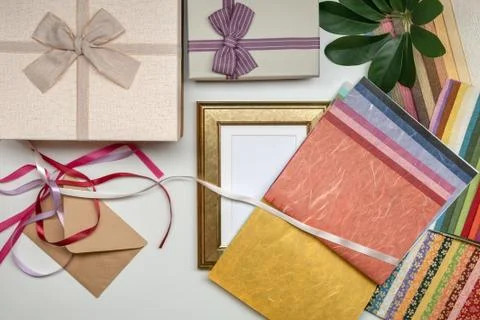 All things for wrapping frame as gift. Present box with bow. Ribbon and color Stock Photos