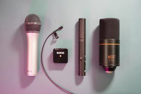 All types of microphone on top of a white background Stock Photos