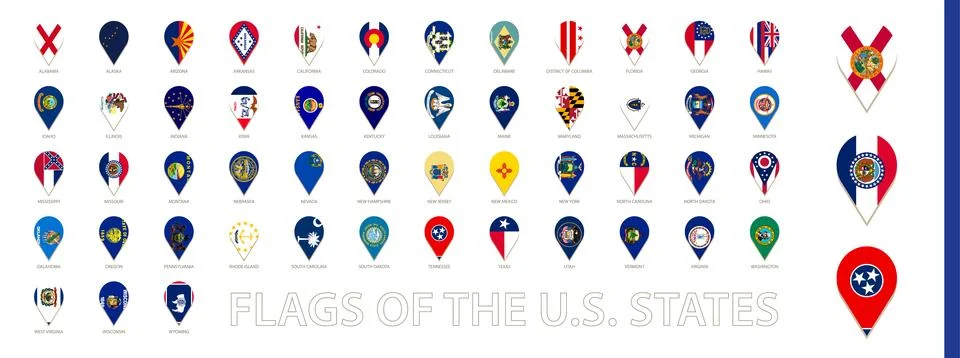 All  US State flags sorted alphabetically. Vertical pin icon. Stock Illustration