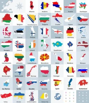 All vector Europe countries maps mixed with flags Stock Illustration