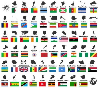 All vector high detailed maps and flags of African countries arranged in alphabe Stock Illustration