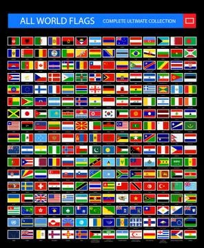 All Vector World Flags with frame isolated on black background 스톡 일러스트