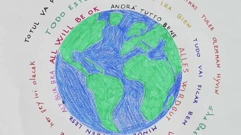 All will be ok motto around rotating earth drawing Stockbeeldmateriaal 278841308