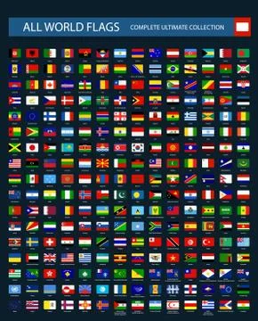 All World Flags Round Rectangle Buttons Flat Design Vector Icon Pack Stock Illustration