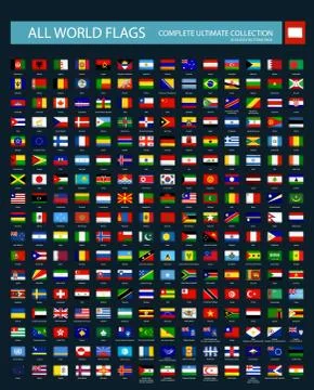 All World Flags round rectangle 3D glossy button icons isolated on black back Stock Illustration