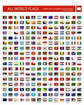 All World Flags round rectangle 3D glossy button icons isolated white イラスト素材