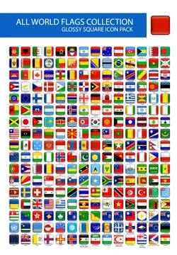 All World Flags round square glossy buttons Stock Illustration