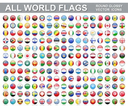 All world flags - vector set of round glossy icons. Flags of all countries Stock Illustration