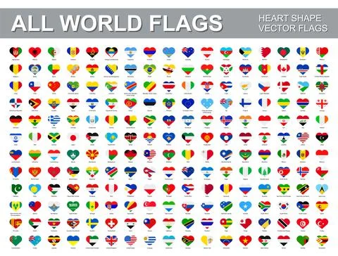 All world flags - vector set of flat heart shape icons. Illustrazione stock