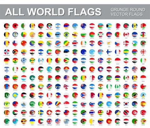All world flags - vector set of flat round grunge icons. Stock Illustration