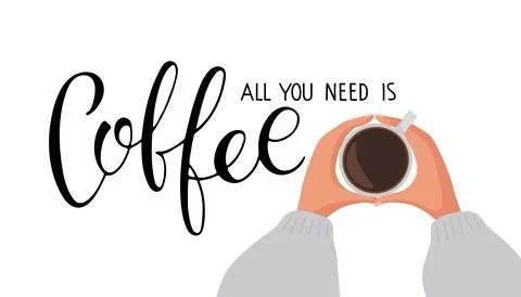 All you need is Coffee text with two coffee mugs. Hands holds cups of hot drink Stock Illustration