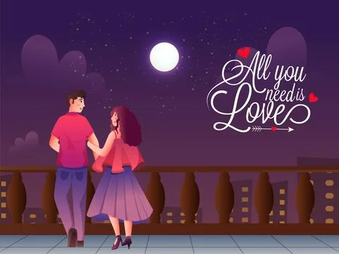 All You Need Is Love Message with Young Couple Character Walking at Full Mo.. Ilustração Stock
