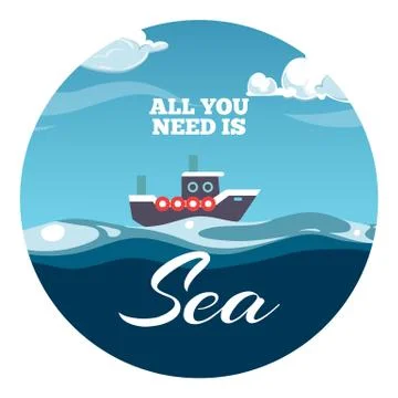 All you need is sea postcard design. Sea illustration with sample text and boat Stock Illustration