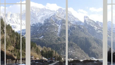 Alleghe landscape as seen from a white window Stock Footage 140862214