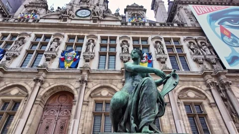 Allegorical statue representing art in front of Paris City Hall, Hôtel de Stock Footage 329099922