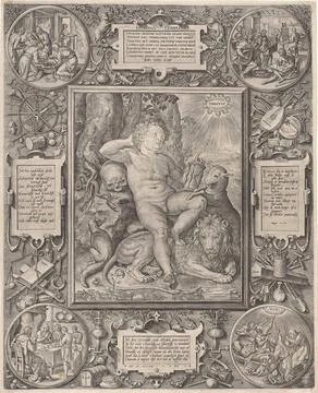 Allegory on the complexity of man; HVMANA complexio. Landscape with a nake... Fotos de archivo