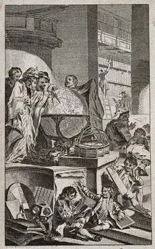 An allegory of learning: boys learn to read, write, and calculate in the fo.. Ilustración de archivo
