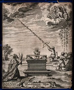 An allegory of prayer. Etching by I.F. Stock Illustration