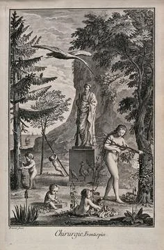 Allegory of surgery. Engraving with etching by B. L. Prevost. Stock Illustration