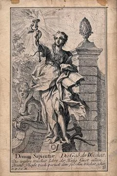 Allegory of true and false wisdom. Etching by J.G. Bergmller. Stock Illustration