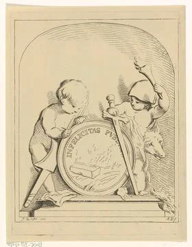 Allegory with two putti. Two putti with a number of allegorical objects, i... Stock Photos