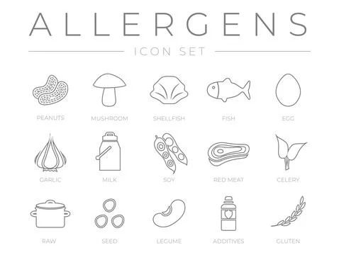Allergens Outline Icon Set. Peanuts, Mushroom, Shellfish, Fish, Egg, Garlic,  Stock Illustration
