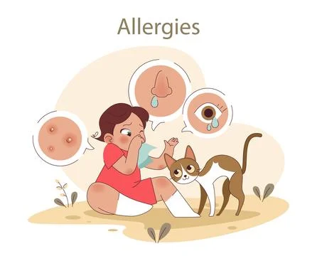 Allergies concept. A child experiences common symptoms around a cat, Illustration