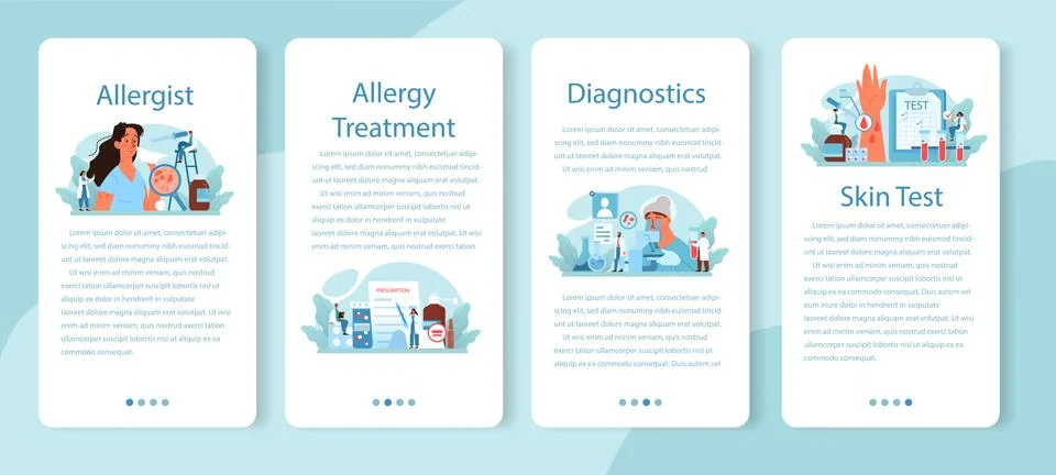 Allergist mobile application banner set. Disease with allergy symptom Stock Illustration