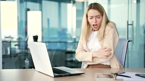 Allergy attack. Itch or pruritus. Woman scratching suffering from allergic Stock Footage 247335504